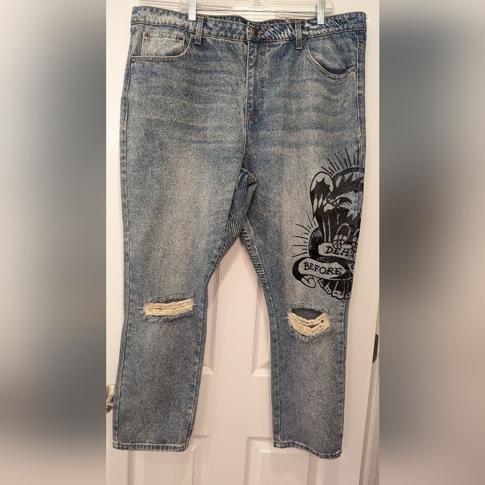 NWT Ed Hardy Death Before Dishonor Logo Blue Distressed Jeans slim taper 42X28